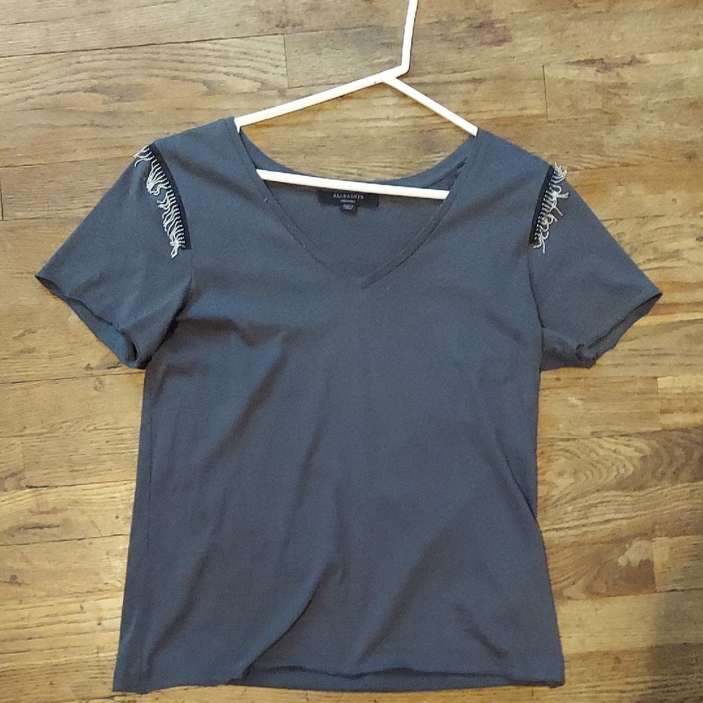 5 For $10 M&M Gray V-Neck Top with Embroidered Sleeves